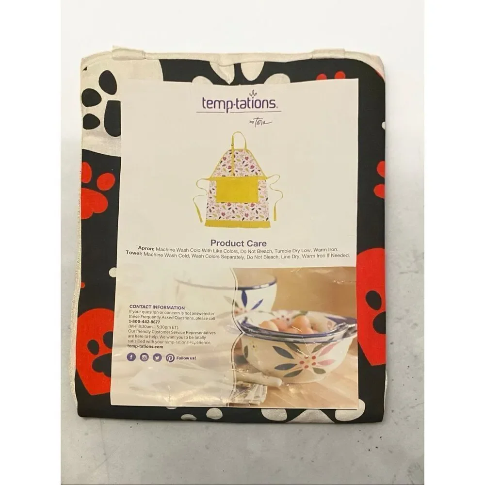 Temp-tations Cottagecore Apron Set Cotton Paw Heart Print Black Red OS